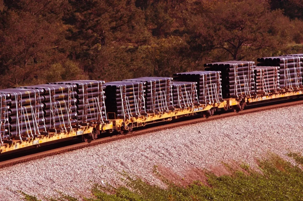 Flatcar railcars loaded with bundled steel pipes on tracks at golden hour with forested hillside